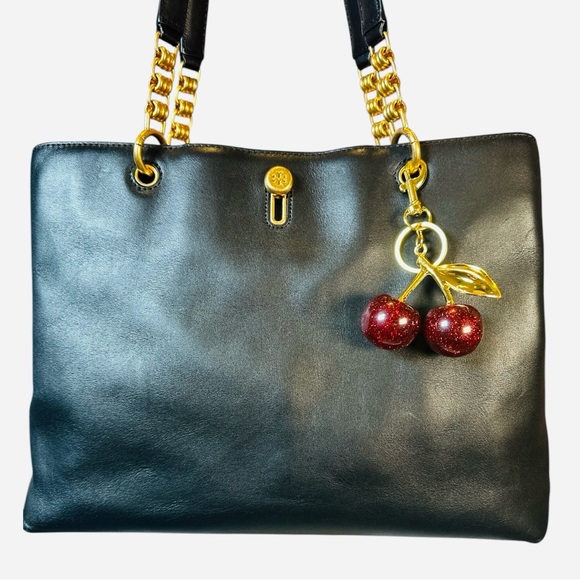 NEW Sparkling Large Cherry Bag Charm/Keychain with Gold Leaf - Picture 1 of 4